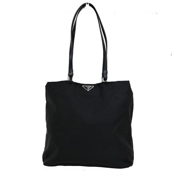 PRADA MILANO Logo Tessuto Shoulder Tote Bag Nylon Leather Black Silver - Picture 1 of 16